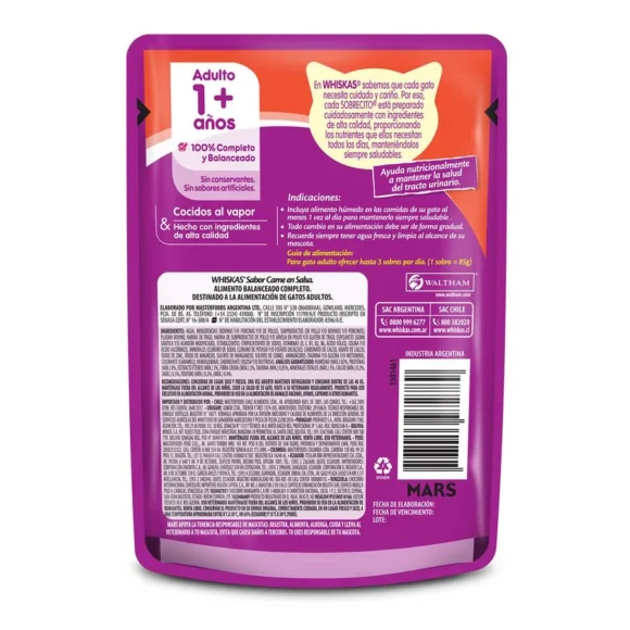 Alimento Húmedo Gato Adulto Whiskas Salsa Carne 85 g - Imagen 2